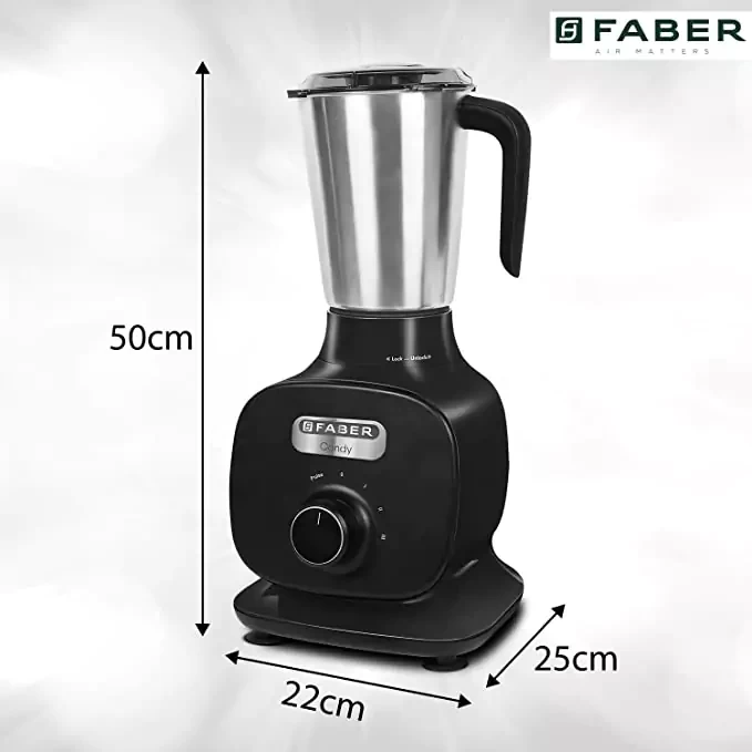 Faber 800W Mixer Grinder with 3 Stainless Steel Jar(FMG Candy 800 3J BK), Black