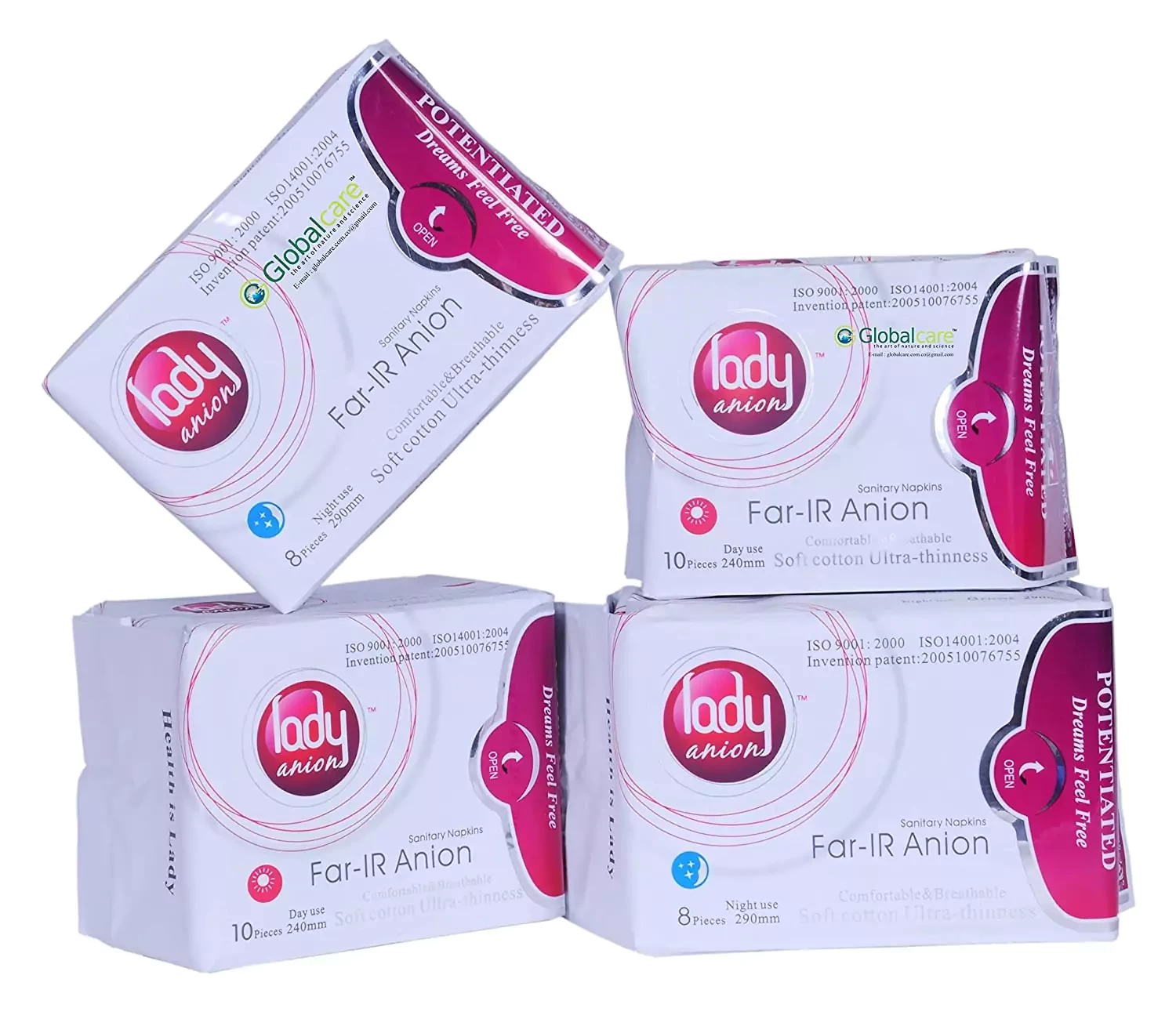 Lady Anion Sanitary Napkins - 240mm size with 10 pads(2 Pack) and 290mm size with 8 pads(2 Pack)