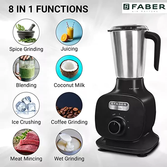 Faber 800W Mixer Grinder with 3 Stainless Steel Jar(FMG Candy 800 3J BK), Black