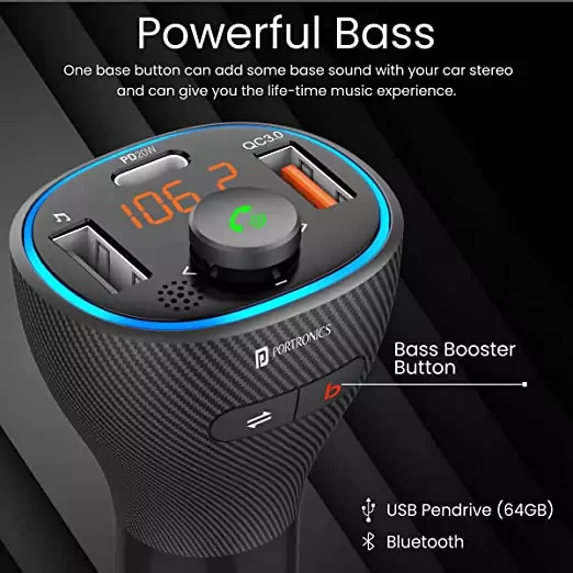 Portronics Auto 15 Bluetooth - FM Transmitter in-Car Radio Adapter for Hands-Free Calling, Music Streaming, USB Reading (PD 20W+QC3.0) Fast Charger, Supports All Smartphones (Black), All cars suitable