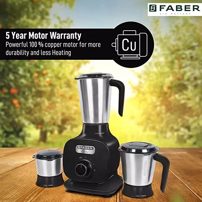 Faber 800W Mixer Grinder with 3 Stainless Steel Jar(FMG Candy 800 3J BK), Black