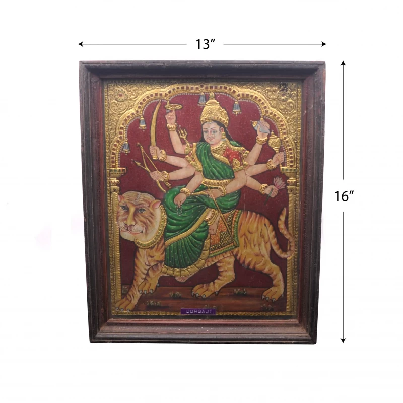 Goddess Durgai (Durga) On Tiger - Tanjore Painting