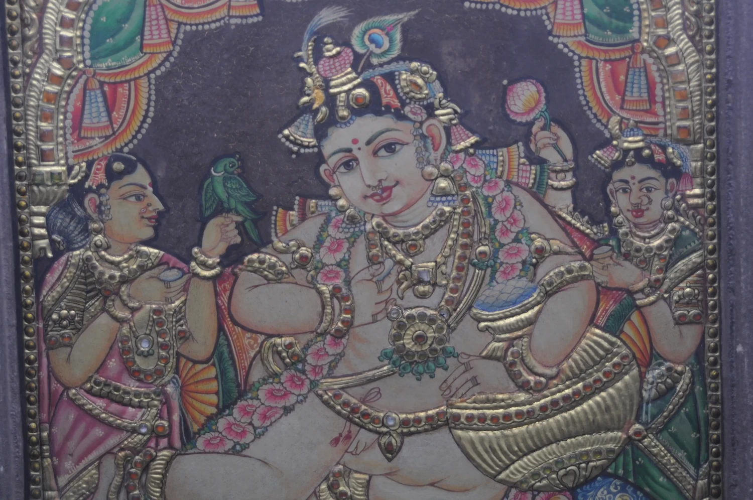 Lord Little Krishna Eating Butter - Tanjore Painting - Rare Art