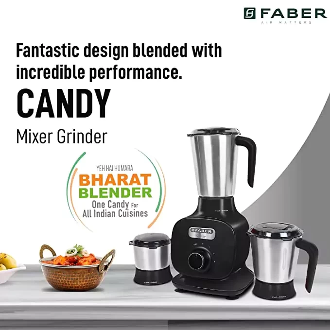 Faber 800W Mixer Grinder with 3 Stainless Steel Jar(FMG Candy 800 3J BK), Black